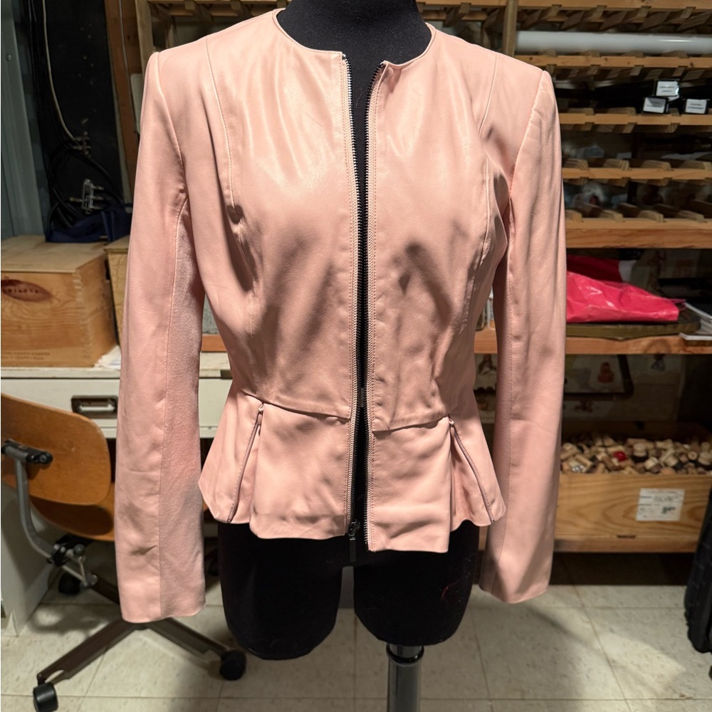 G.I.L.I. Got It Love It Pink Faux Leather Peplum Zip Jacket Size 2